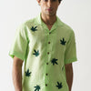 Green Pure Linen Shirt with Leaf Hand Embroidery – Breathable Summer Fashion